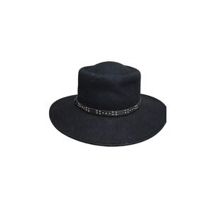 Black 100%‎ Wool Fedora Hat Studded Faux Leather Band Wide Brim Unisex Accessory